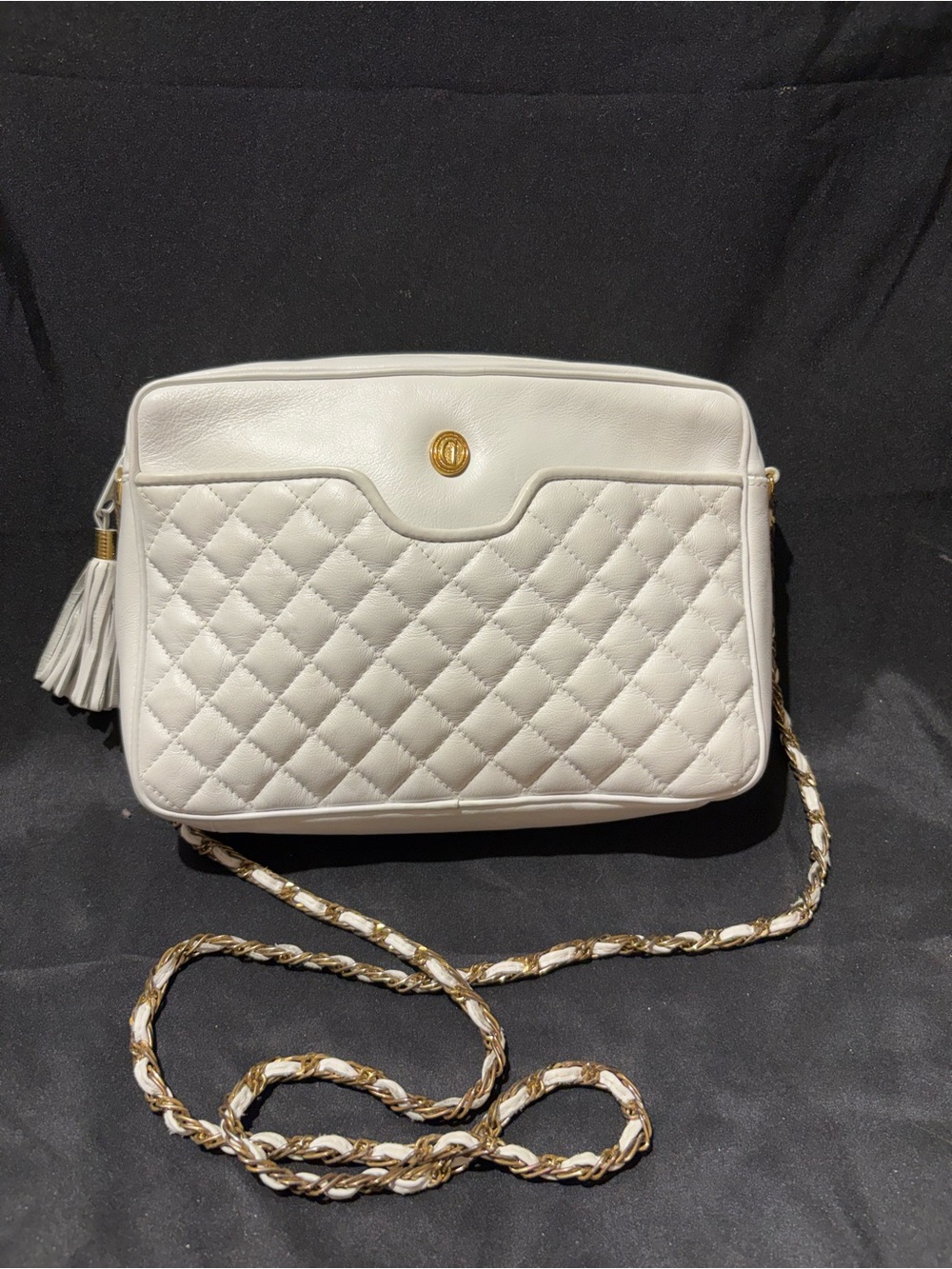 White Quilted Leather Crossbody with Gold Chain and Tassel
